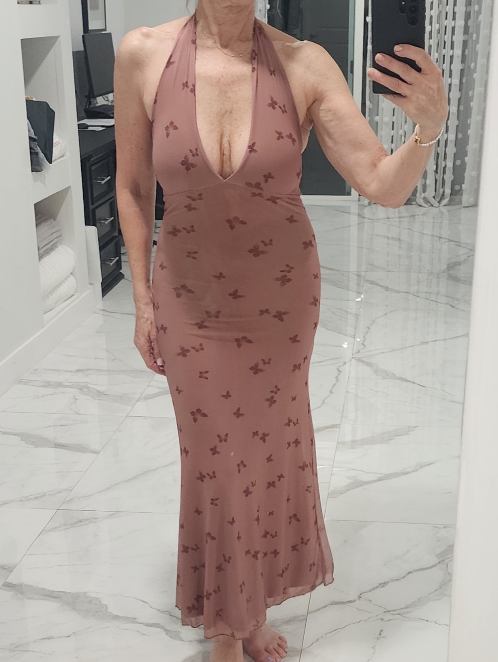 See You Monday Dusty Mauve Halter Maxi Dress with Butterfly Motif